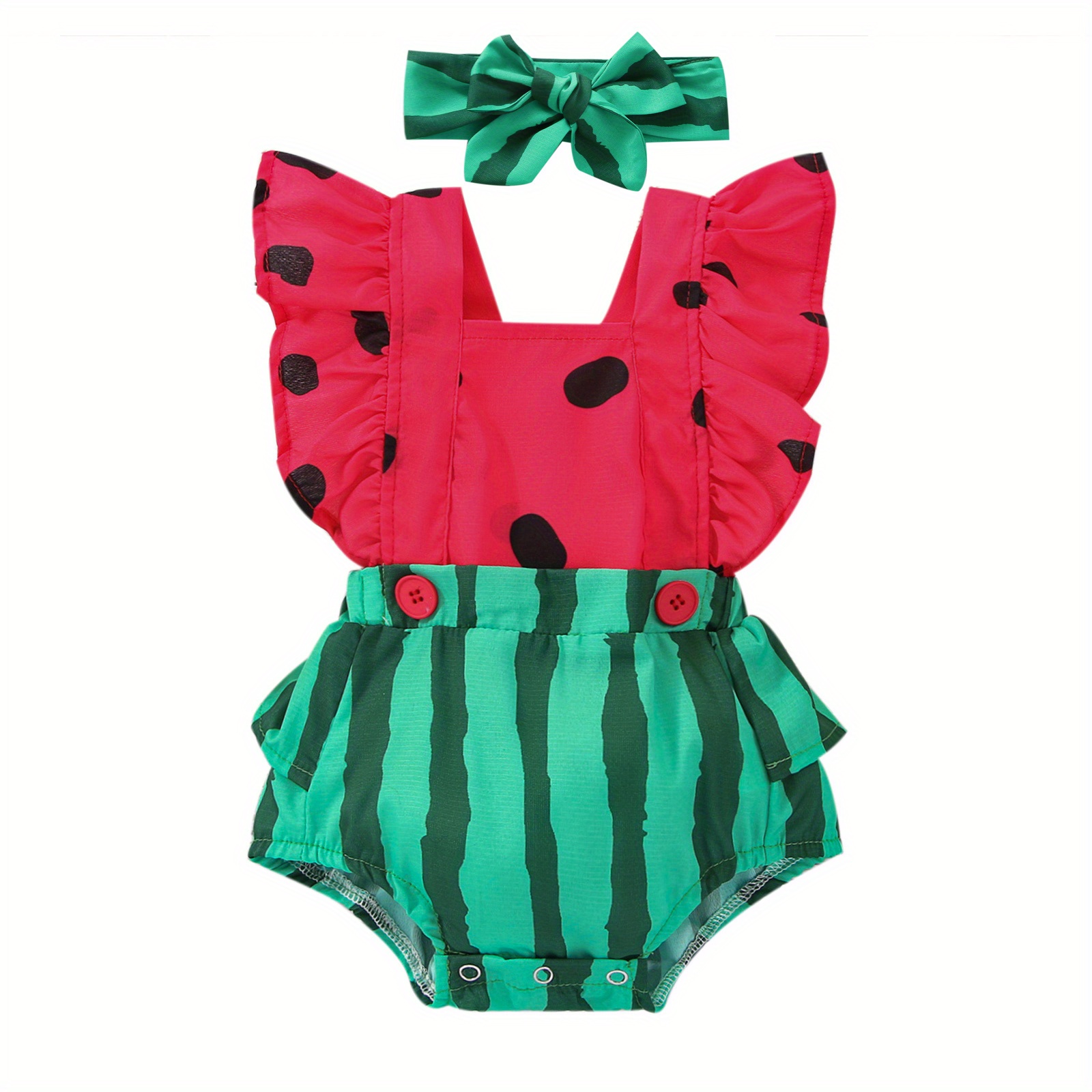 

Newborn Baby Fashion Romper Outfits, Watermelon Print Design Square Neck Fly Sleeve Bodysuit+bow Headband