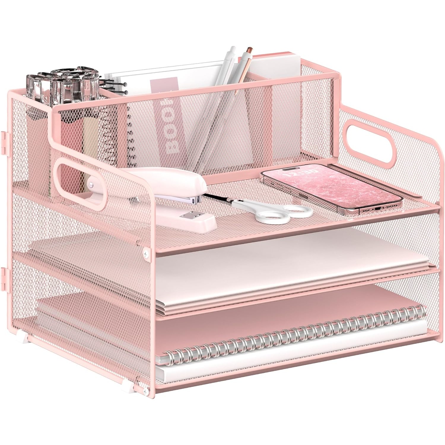 Daltack 3-tier Paper Letter Tray Organizer, Mesh Desk Accessories & Organizer With Pen Holder For Home And Office