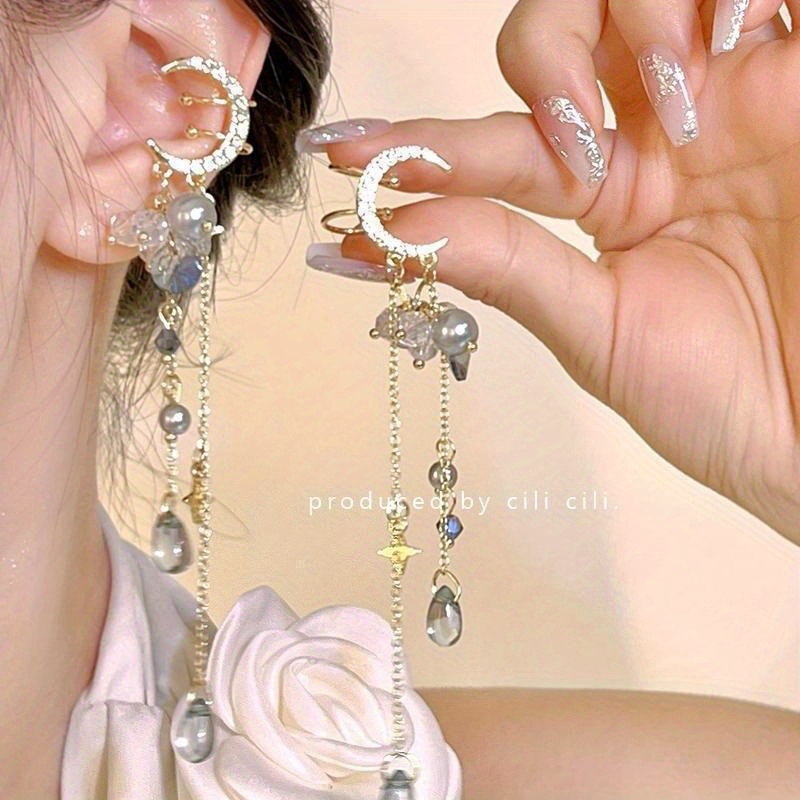 TEMU Exquisite Long Tassel Moon Shaped Clip-on Earrings - Stainless Steel Ear Needle, Synthetic Gems Inlaid, Vintage Sexy Design, Perfect For Daily