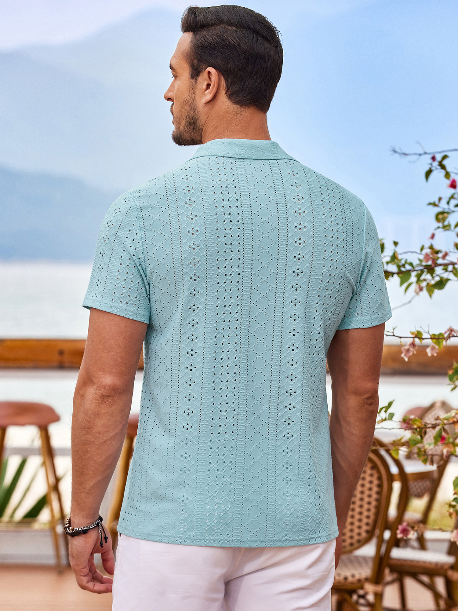 OYOANGLE Men's Boho Button Down Short Sleeve Shirt - Embroidery Textured Vacation Beach Shirt