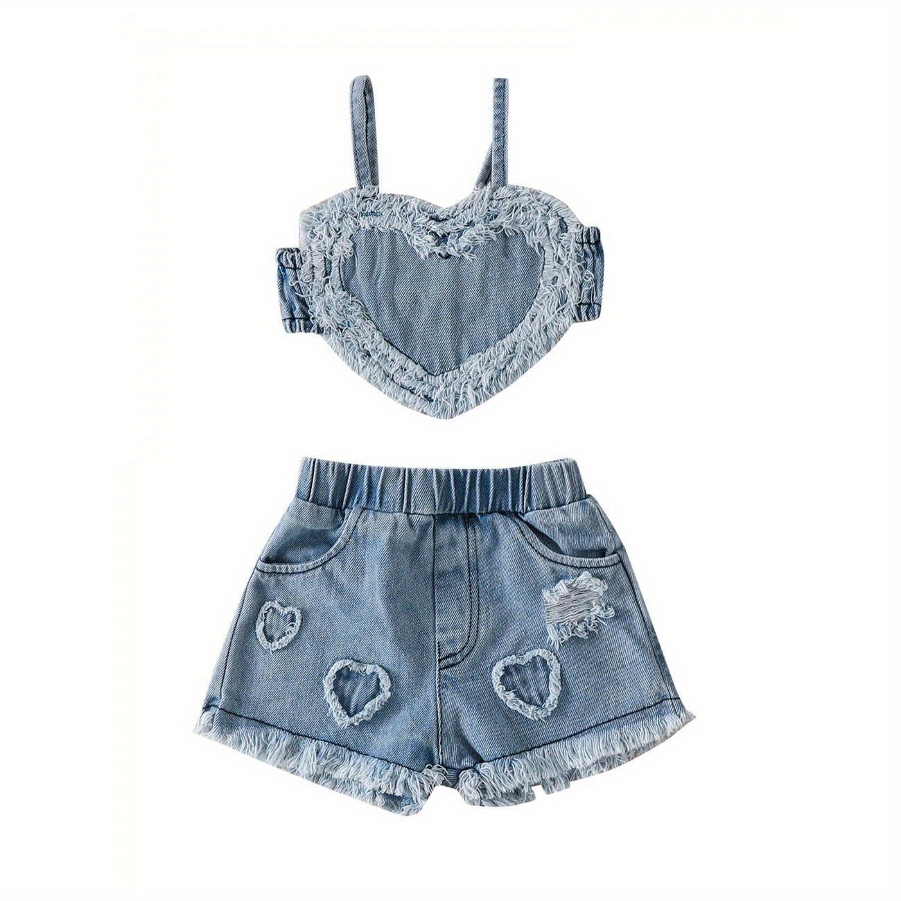 

Infant Baby Girls Summer Clothes Set 3 6 9 12 18 24 Months Sleeveless Heart Camisole And Elastic Ripped Denim Shorts