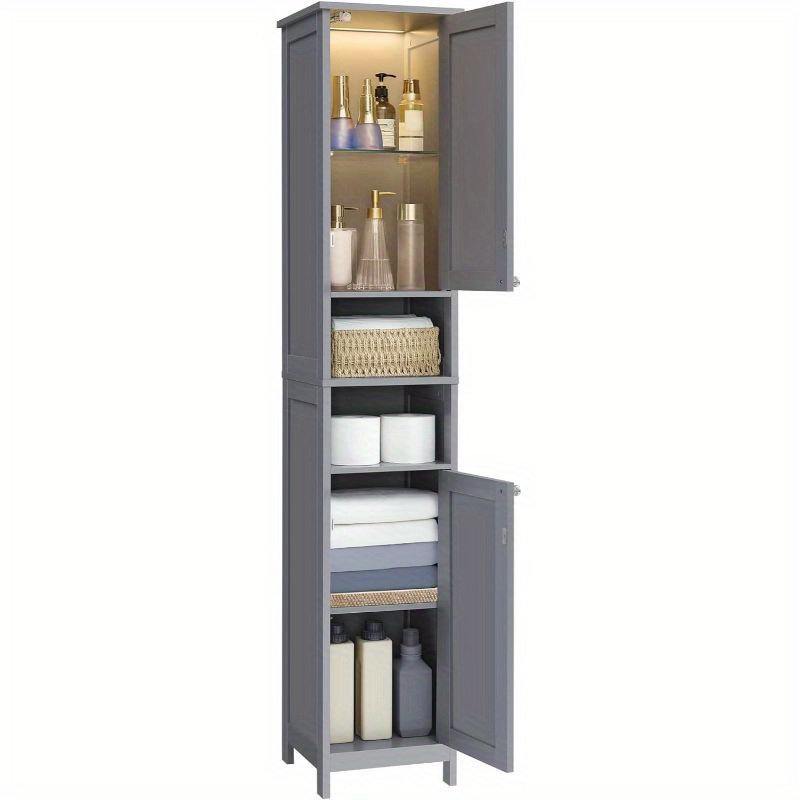 

Tall Bathroom Cabinet With Lights, Slim Bathroom Storage Cabinet, Freestanding Narrow Cabinet With Adjustable Shelves, Open Compartments, For Small , Modern