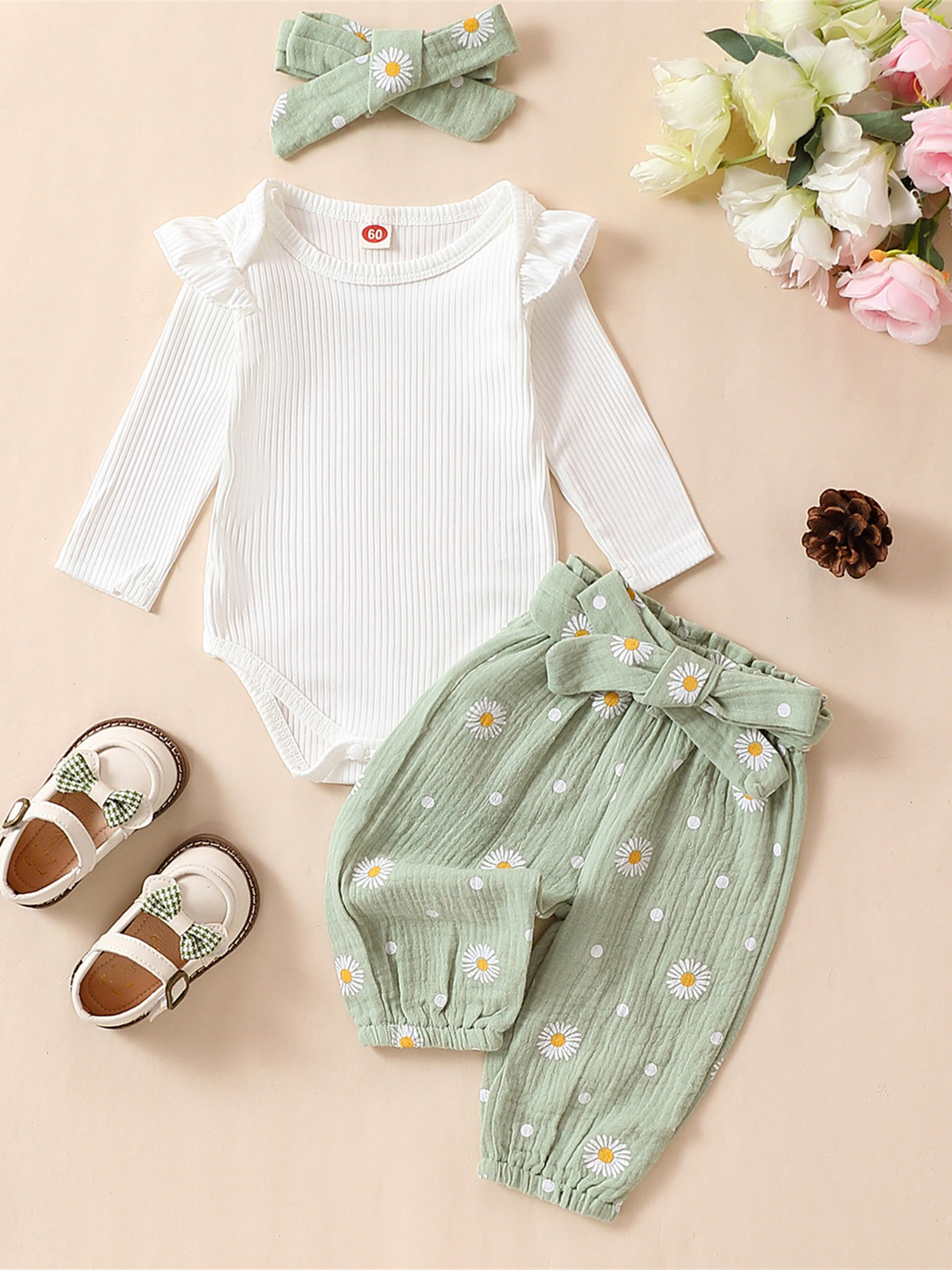 baby girls pants sets white long sleeve ruffle romper daisy Temu