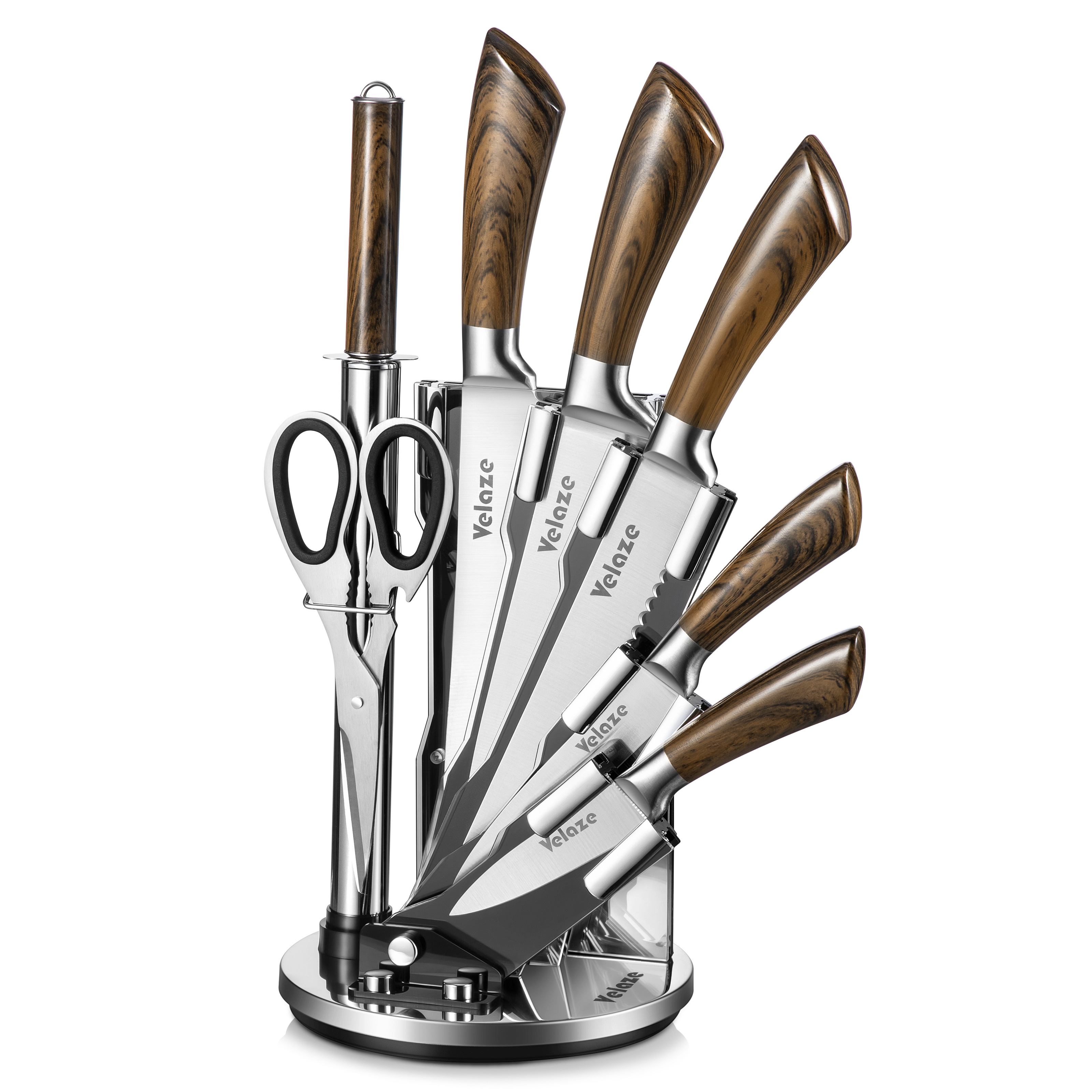 

8 Piece Stainless Steel Knife Set, Knife Block With Knife Set, Kitchen Knife Set With Ergonomic Handle, Chef's Knife Carving Knife Bread Knife Kitchen Scissors Sharpened Steel, Extra Sharp