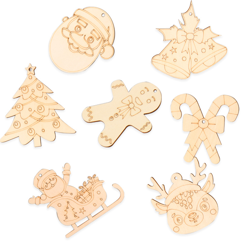 

12 Pieces Christmas Decoration Diy Hand-painted Graffiti Wood Chip Laser Cut Blank Wooden Board Christmas Tree Decoration Pendant Creative