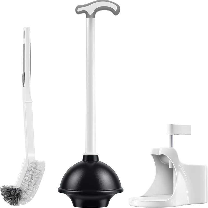 

Toilet Plunger Bowl Brush Set: Heavy Duty Bathroom Plunger Combo With Integrated Holder- Clean Rim Hideaway Toilet Scrubber Cleaner With Covered Caddy For Decorative Modern Toilet