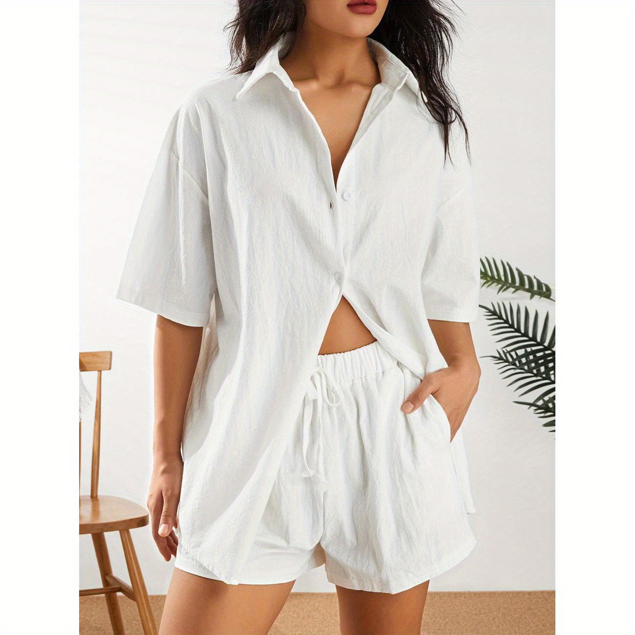 

Women Casual Clothes Set Summer Solid Color 3/4 Sleeve Button-up Shirts Tops And Drawstring Shorts Outfits
