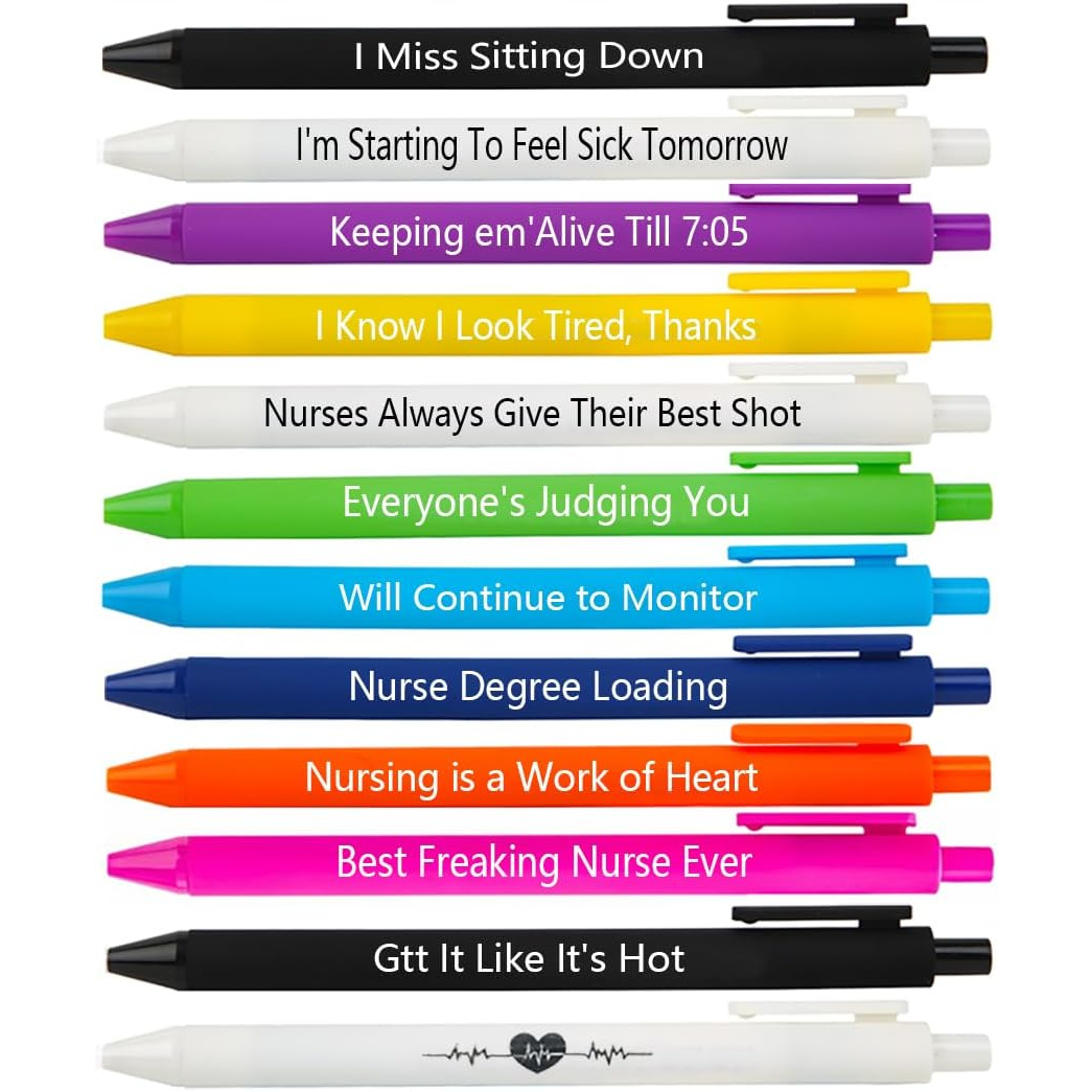 

12-pack Retractable Ballpoint Pens For Nurses With Humorous Quotes, Medium Point, Sturdy Clip & Comfort Grip, Ideal For Journaling & Smooth Writing, Great Gift For Healthcare Professionals, 14+