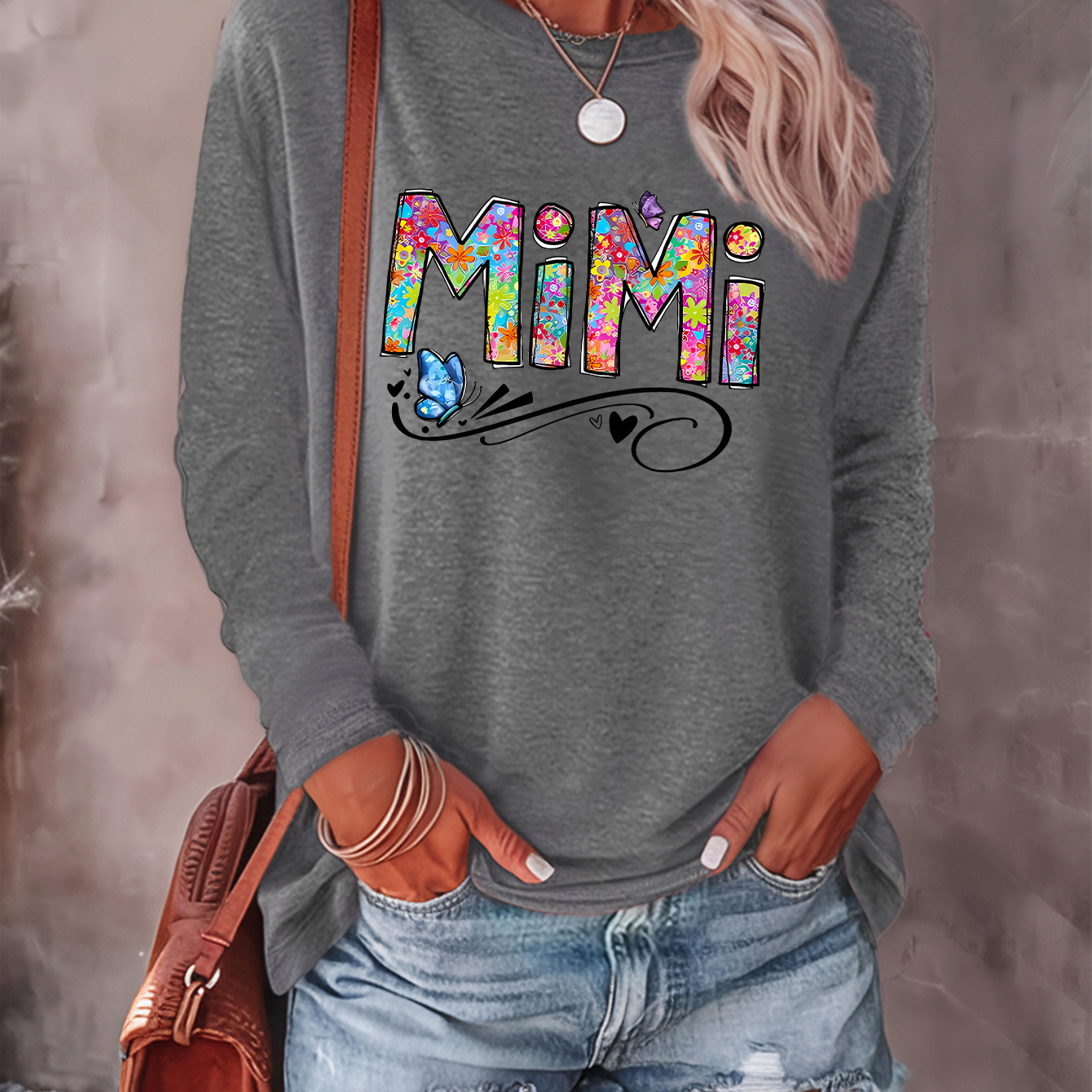 

Mimi Print T-shirt, Long Sleeve Crew Neck Casual Top For Spring & Fall, Women's Clothing