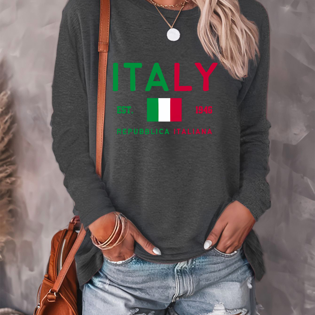 

Italy Print T-shirt, Long Sleeve Crew Neck Casual Top For Spring & Fall, Women's Clothing