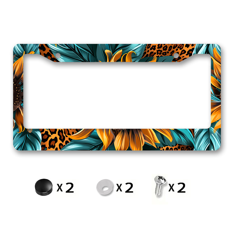 

1pc Sunflower & Leopard Print Decorative Metal License Plate Frame 6.3x12.2in - Rustproof, With Hardware Kit Included, Vibrant Car Front Accessory