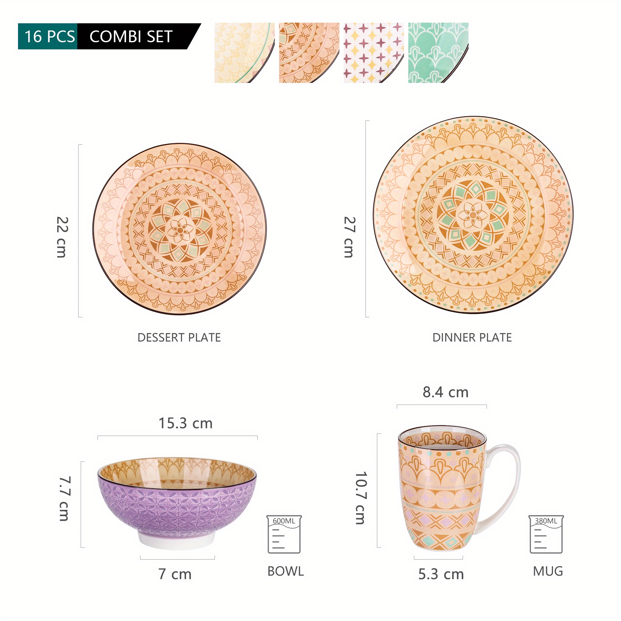 16pcs 4--design Porcelain Dinnerware Set Plate Set With Dinner Plate, Dessert Plate, Bowl, Mug Set For 4 Person