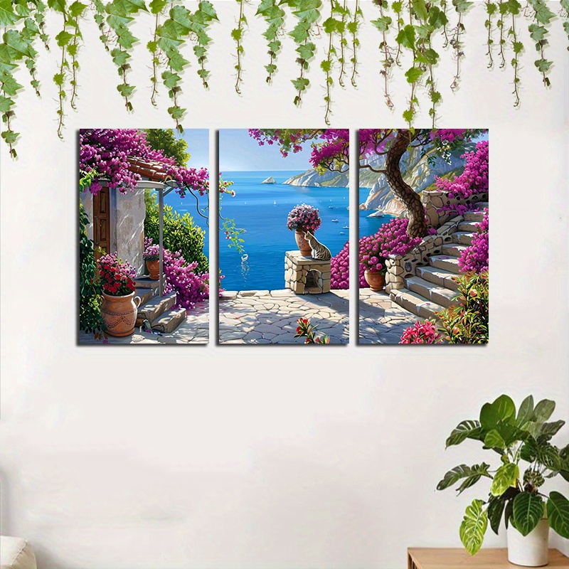 

Set Of 3 Rolled Canvas Wall Art Trio - Mediterranean Seaside Scenery With Flower Steps - 12x18 Inch Cloth Canvases For Bedroom And Living Room Decor