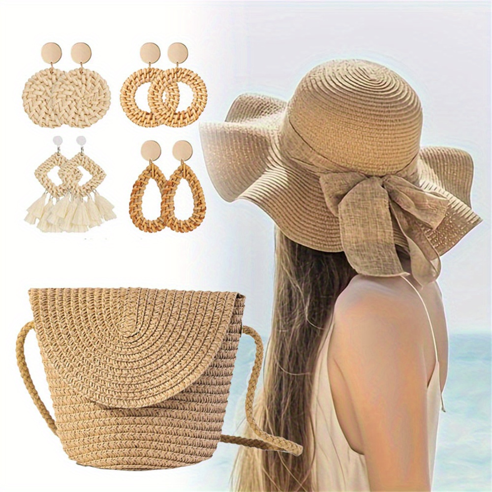 

6/7pcs Summer Large Capacity Shoulder Bag With Beach Hat, Boho Earrings, Women Shoulder Bag Handmade Woven Bag Fresh Rural Handheld Grass Woven Women Bag