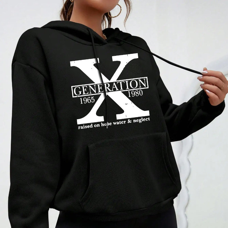 

Generation X Print Drawstring Hoodie, Casual Long Sleeve Kangaroo Pocket Sweatshirt For Fall & Winter, Women's Clothing