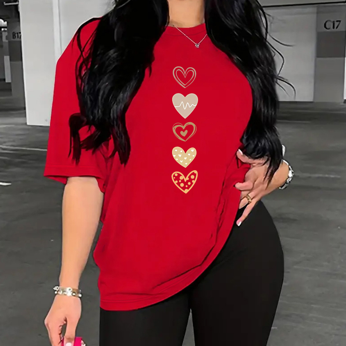 

Heart Print 2 Piece Set, Short Sleeve T-shirt & Short Leggings, Women's Clothing