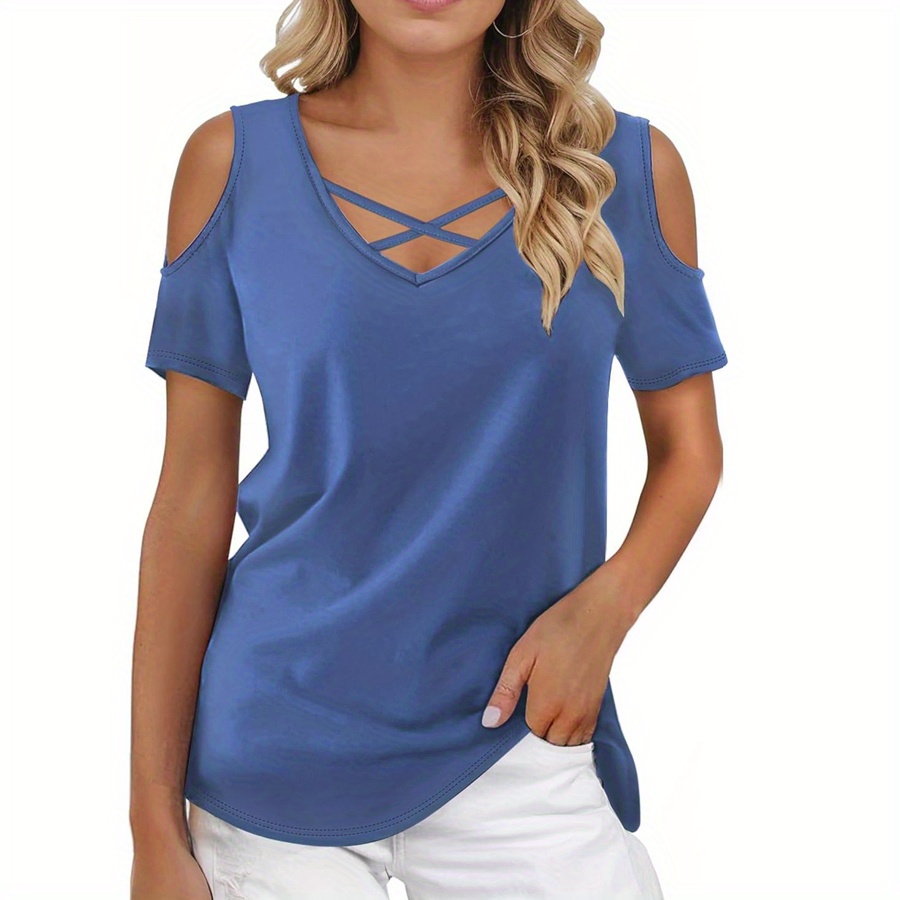 

Cross V Neck Cold Shoulder T-shirt, Casual Short Sleeve Top For Spring & Summer, Women's Clothing
