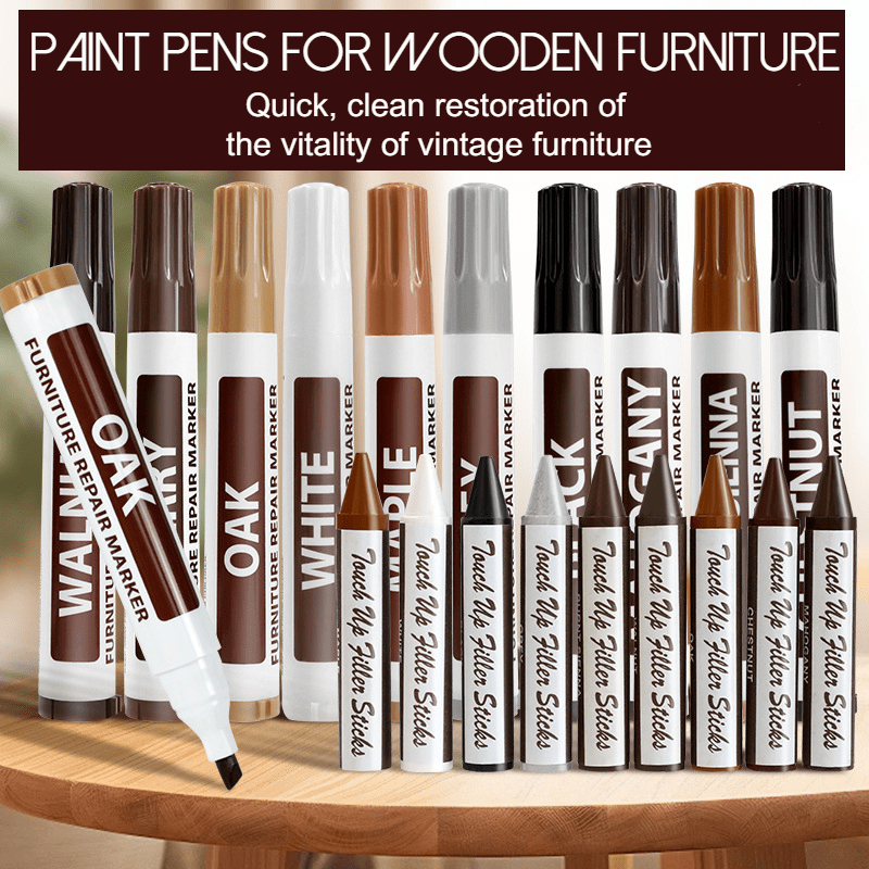 

Furniture Repair System: 17 Pieces Set For Wooden Furniture - Includes 8 Repair Markers, 8 Fill Sticks, 1 Pencil Sharpener - Waterproof, Fast Drying, Sun & Water Resistant