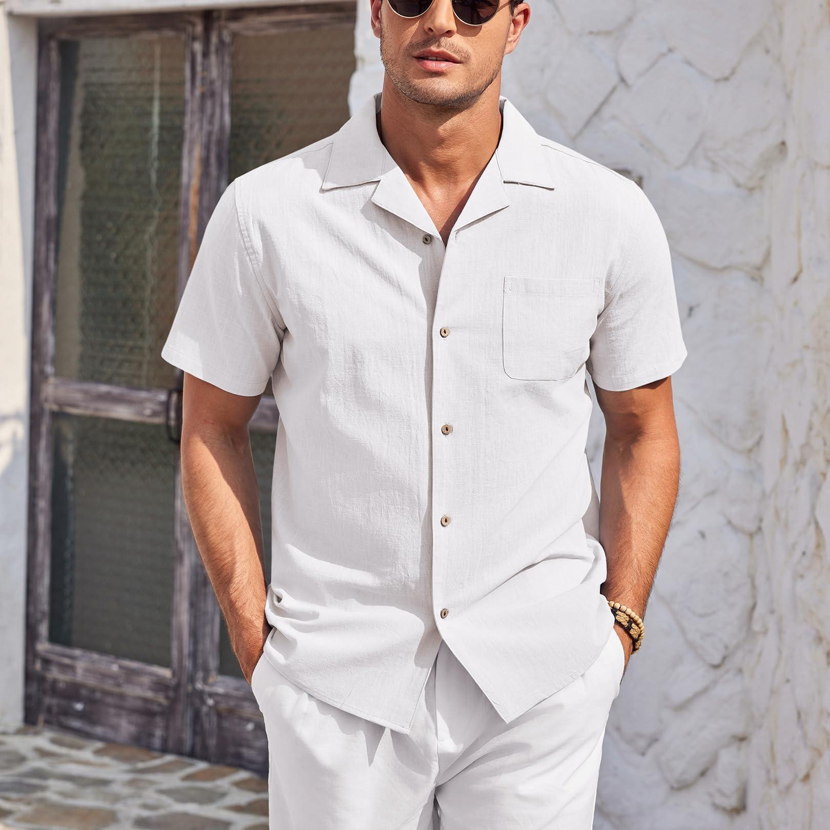 

Mens Cotton Linen Shirt Short Sleeve Button Up Shirts Summer Beach Top Casual Shirt