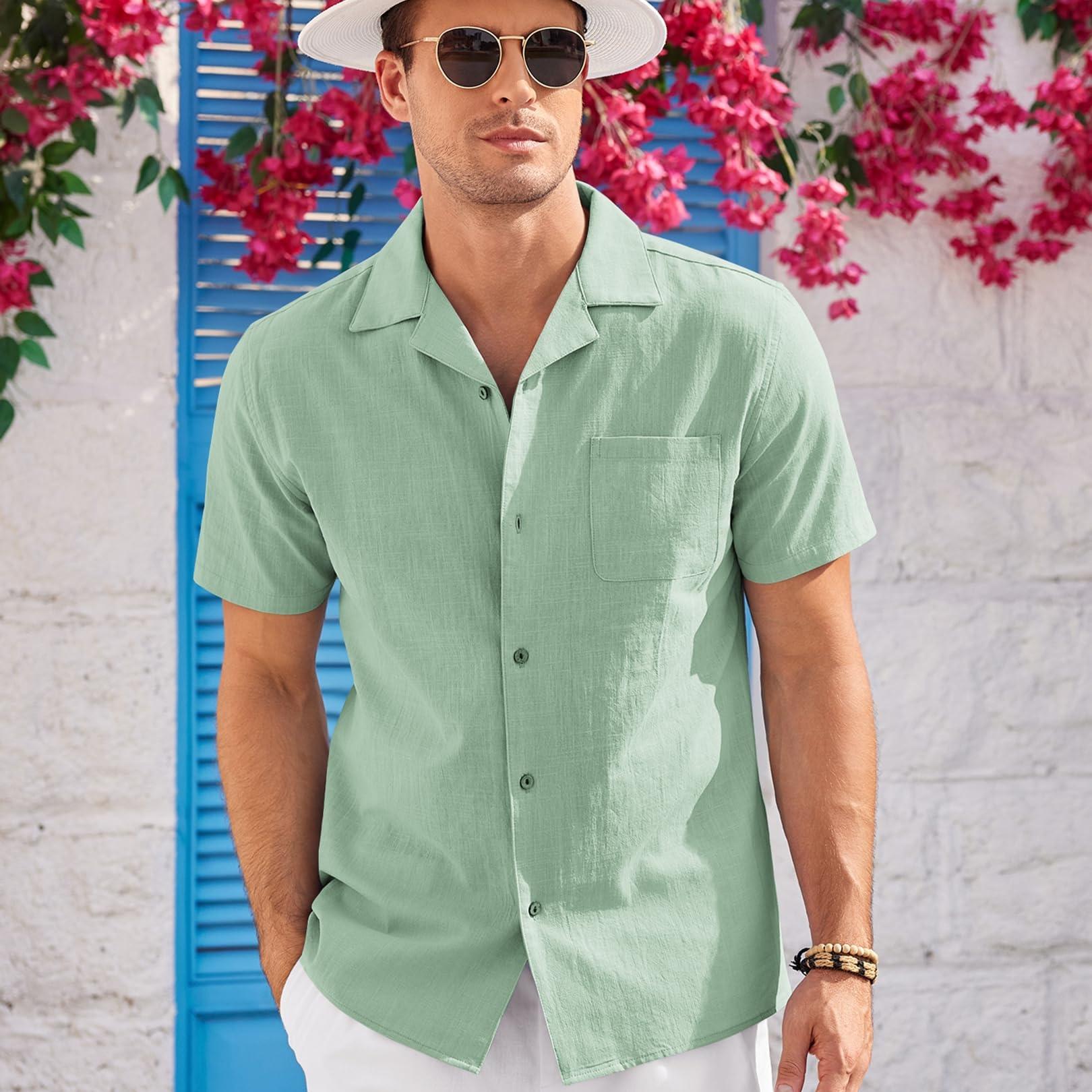 

Mens Short Sleeve Linen Shirt Casual Cotton Shirt Button Up Shirts Summer Beach Top