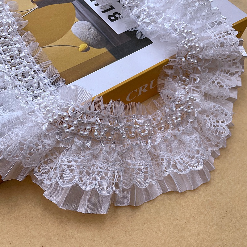 

2 Yards Elastic Lace Trim With Faux Pearls, Stretch Pleated Lace Ribbon Edge For Crafts, Dress And Sleeve Embellishments, Sewing Accessories