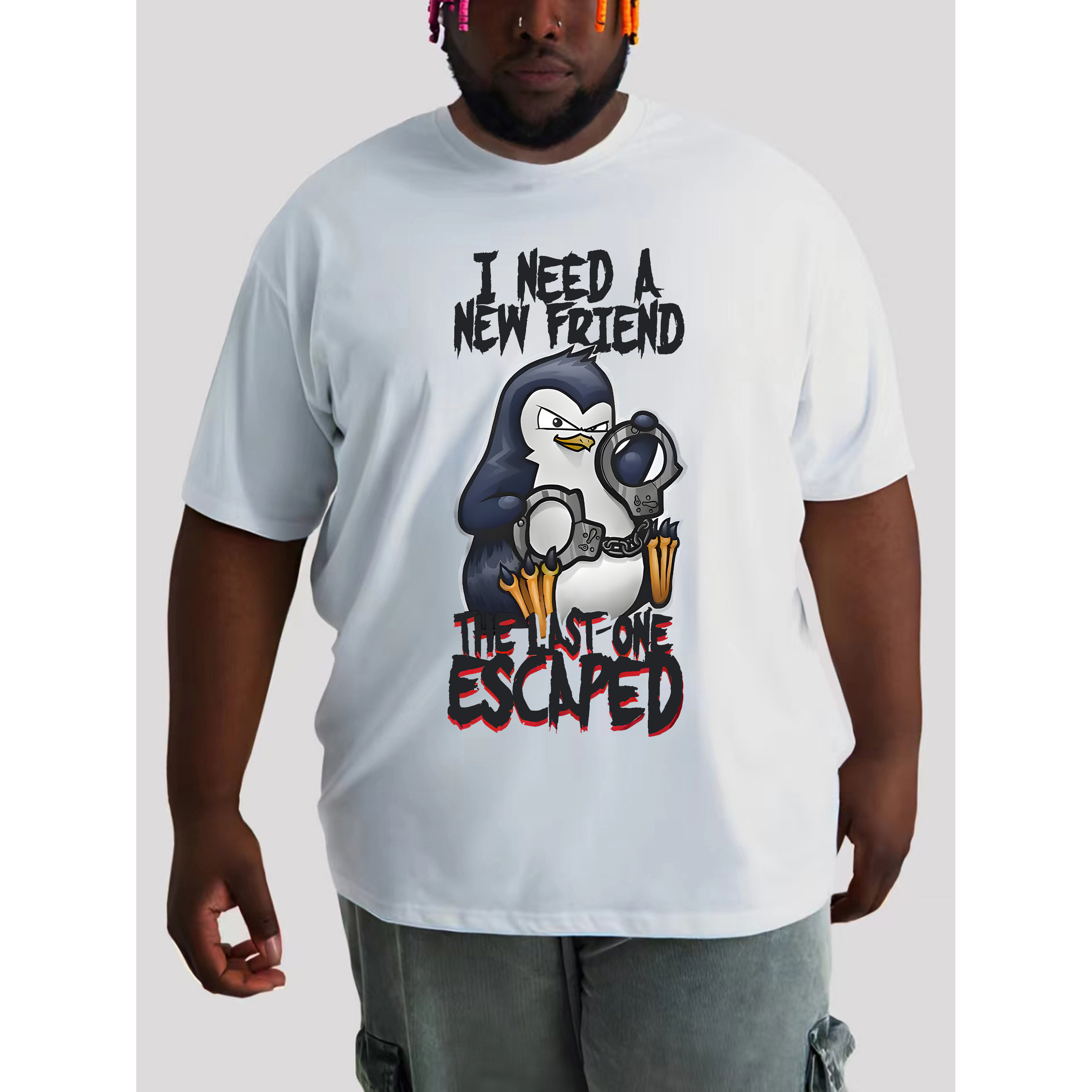 

I Need A New Friend The Last 1 Escaped Penguin Print Men's Crew Neck Short Sleeve Plus Size T-shirt, Trendy Versatile Tee For Daily Wear