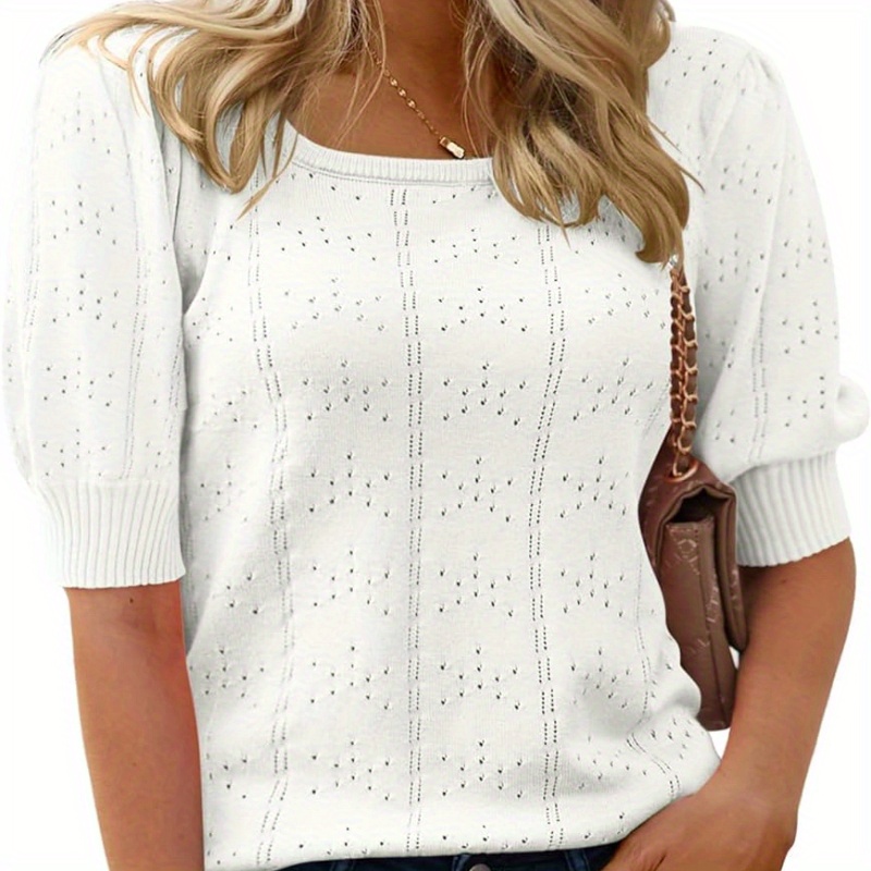 

Eyelet Crew Neck Knit Sweater, Casual Puff Sleeve Pullover Top For Spring & Summer, Women's Clothing
