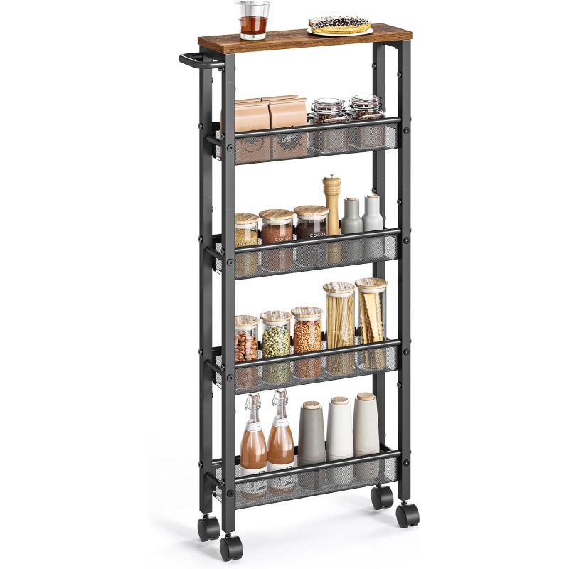 

Slim Rolling Cart, 5-tier Storage Cart, Narrow Cart With Handle, 5.1 Inches Deep, Metal Frame, For Kitchen, Dining Room, Living Room, Home Office