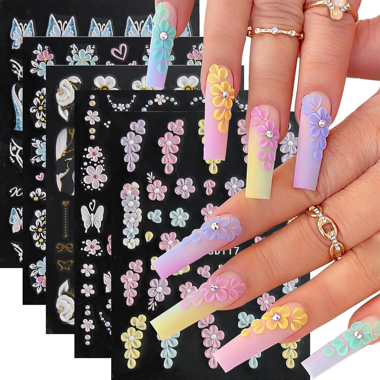 Image of 5pcs Self-adhesive 5d Embossed Nail Art Stickers - Semi-matte Resin Flower Nail Decals With Irregular Flower Shapes Suitable For Women &, Spring Summer Nail Designs