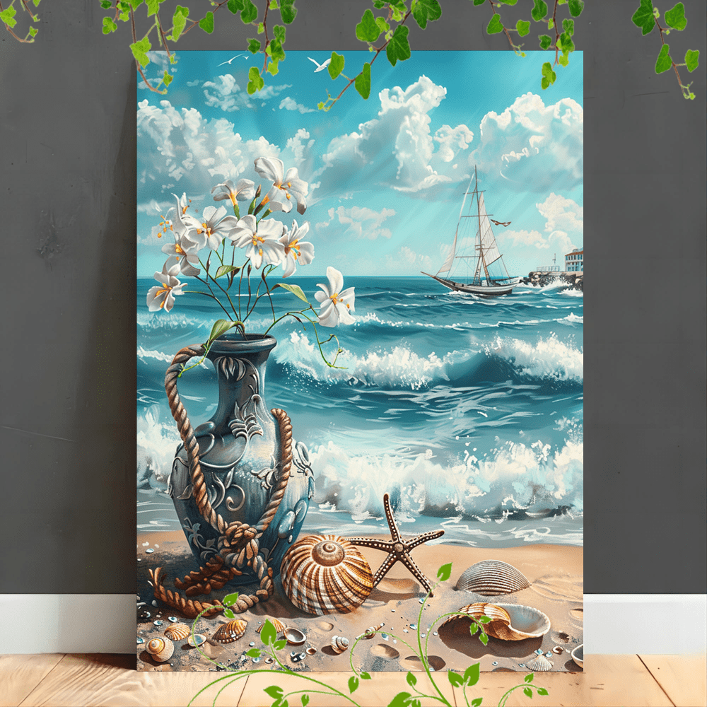 

1pc Wooden Framed Canvas Painting Beach Scene, Anchor, Vase With Flowers, Seashell, Ocean Waves, Blue Sky, Shore
