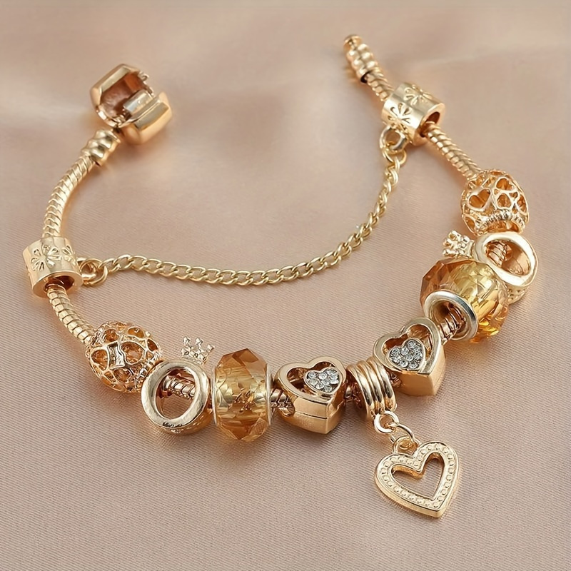 

1pc Alloy Exquisite Golden Bracelet Diy Color Preserving Plating Fashionable Love Beads Charm Bracelet Valentine's Day Gift Jewelry Accessories