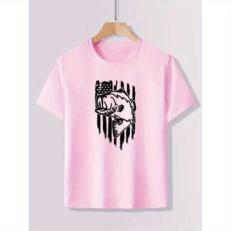 

Flag And Fish Retro Graphic Print Boys Cotton T-shirt, Casual Comfortable Trendy And Lightweight Round Neck Tops For Boy In Summer