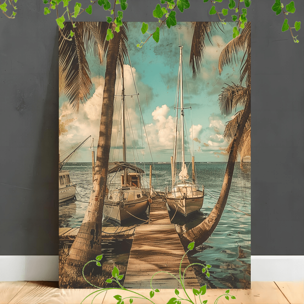 

1pc Wooden Framed Canvas Painting Sailboats At Dock, Palm Trees, Tropical Setting, Calm Water, Vintage Style, Serene Atmosphere