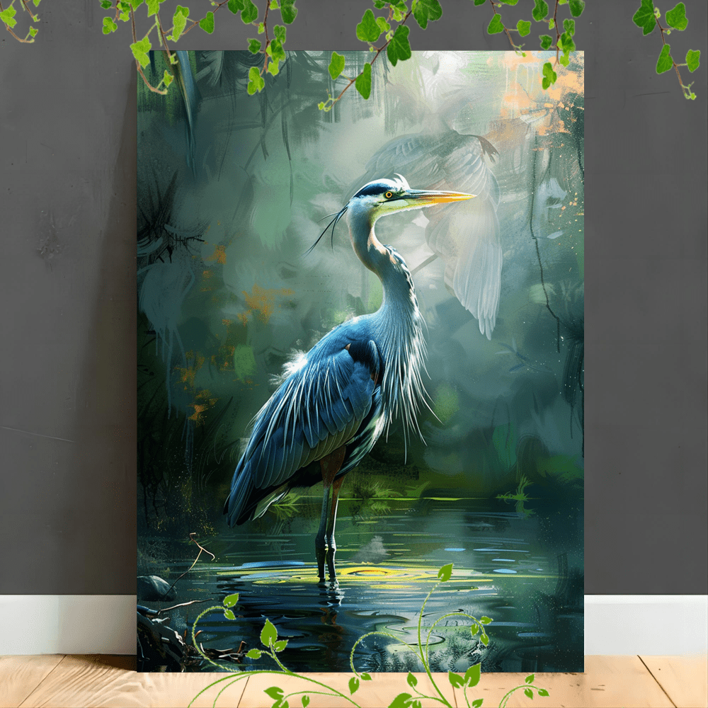 

1pc Wooden Framed Canvas Painting Blue Heron, Standing In Water, Detailed Feathers, Serene Expression, Natural Background, Realistic Painting