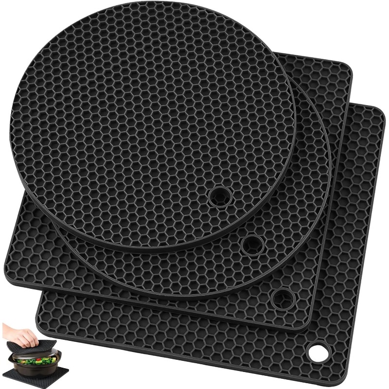 

4pcs Silicone Kitchen Set: Heat-resistant Trivet Mats, Pot Holders & Coasters - Black (2 Squares + 2 Rounds)