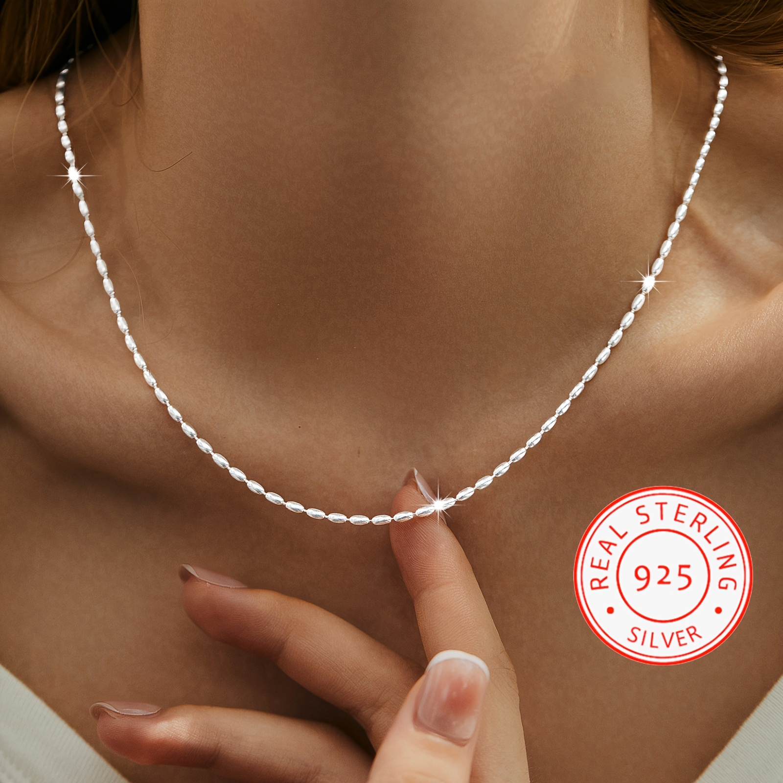 

3.8g 1 925 Silver Personality Minimalist Elegant Oval Rice Bead Chain Necklace