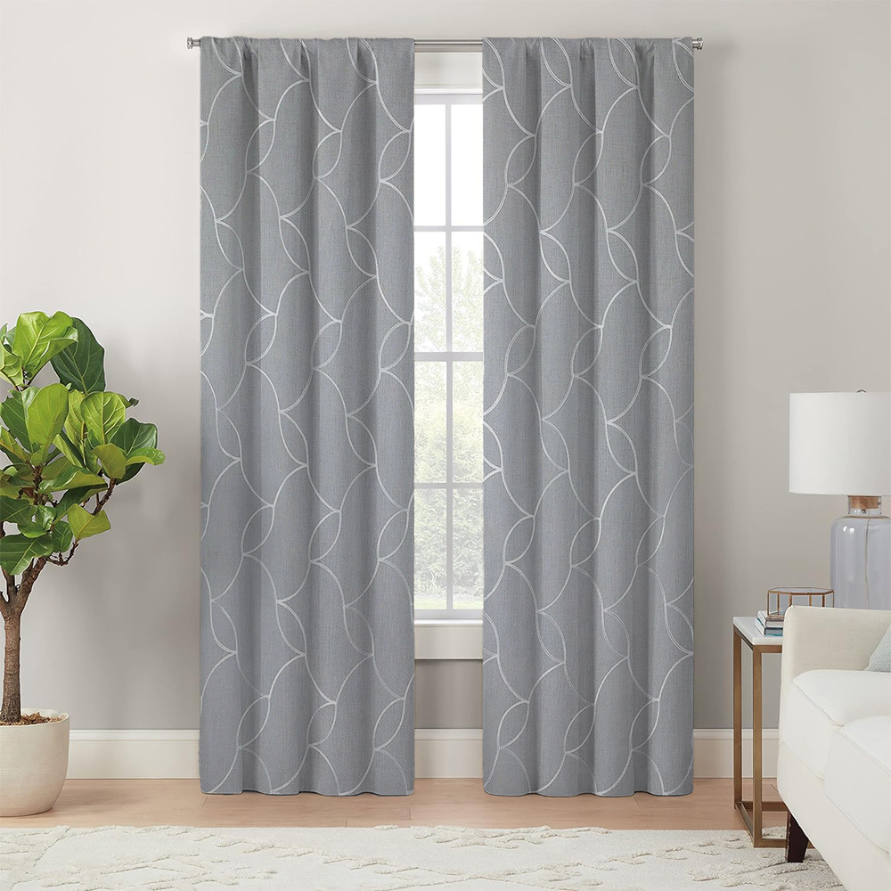 

2-piece Gray Wave Light Blocking Curtain Set - Polyester, Machine Washable With Tieback For Living Room & Home Decor
