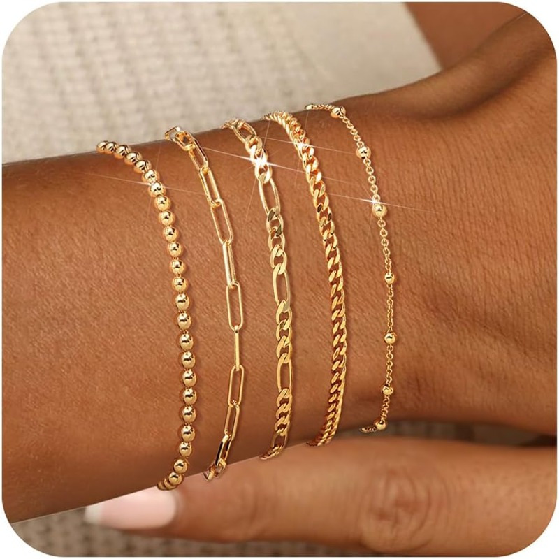 

Women, 14k Gold Plated Bracelet Stack Set Adjustable Stackable Bracelets Paperclip Chain Layered Link Charm Bracelet Sets Gifts For Women Girls