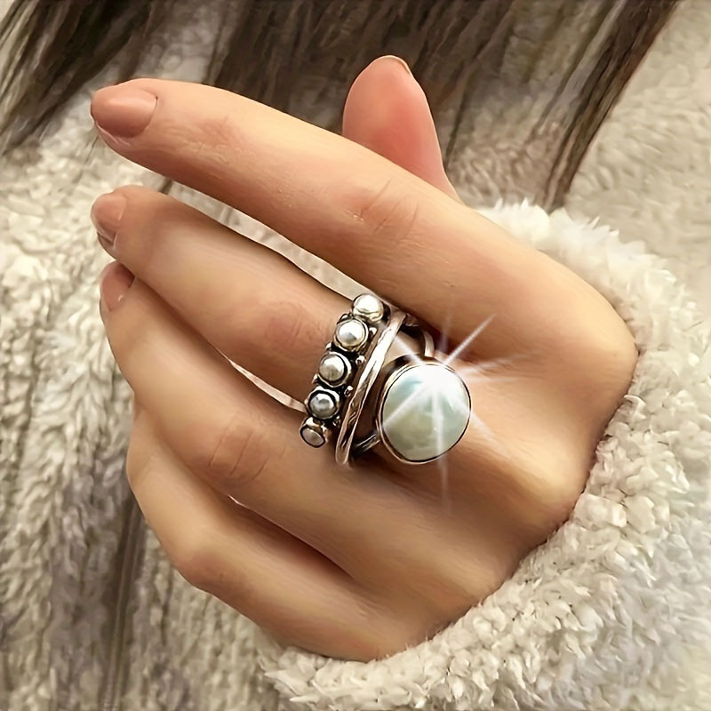 

1 Elegant Vintage Ring With Multi-layered Design And Artificial Pearl Inlay - Perfect For Everyday Wear And Parties - Unisex Jewelry Accessory