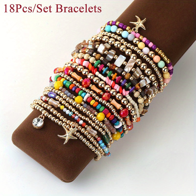 TEMU 18pcs Bead Stretch Bracelet Set With Starfish Charms - Vibrant, Mini Seed Beads For Women & Girls - Handmade, Stackable Bangles For Casual Attire & Gifting, Beads For Bracelets