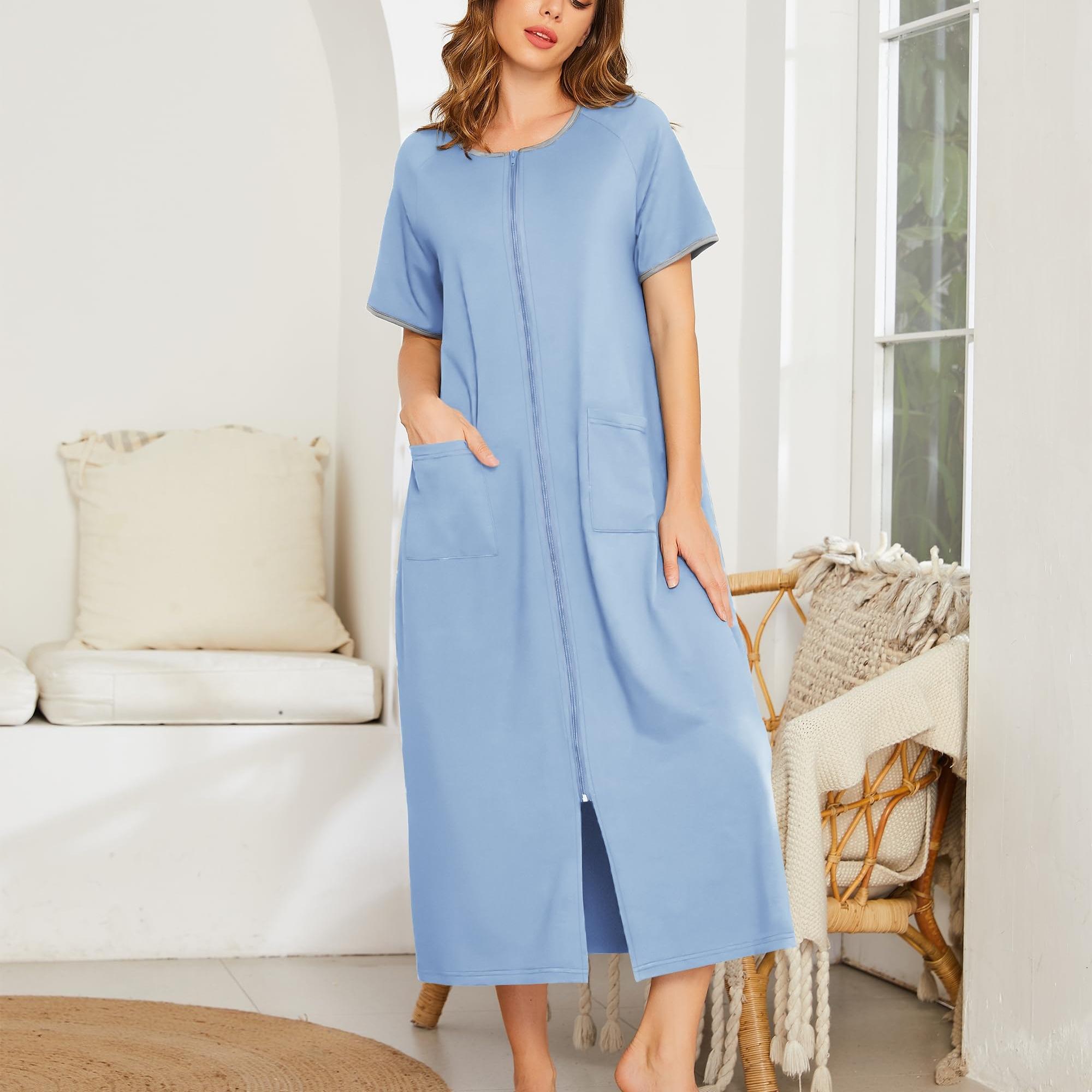 

Women Robes Zipper Front Short Sleeve Loungewear Blue S-2xl Plus Sizes Robe For Women 2024 Classic Soft And Lightweight Coat Zip Up Bathrobe Pajamas Patio Dress Full Length With 2 Large Pockets