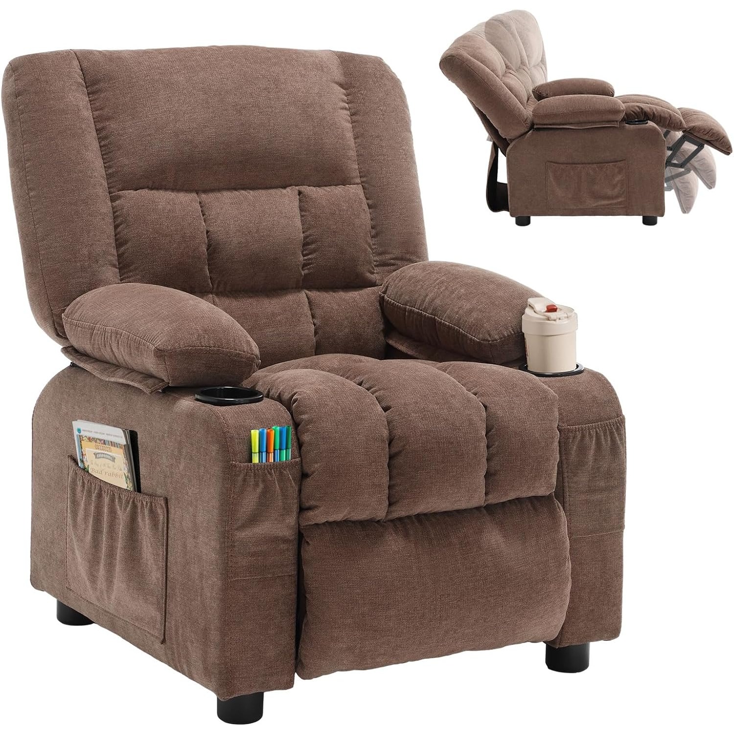 

Kids Recliner Chair, Push Back Toddler Recliner With Cup Holders & Side Pockets, Adjustable Footrest & Headrest Kids Sofa For Boys Girls 3+ Age Group (light Brown)