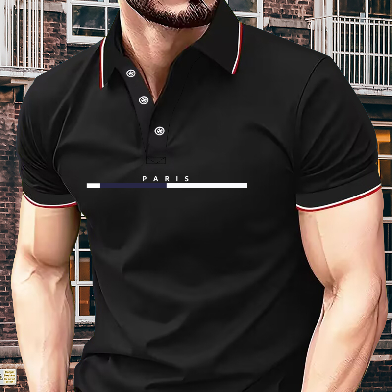 

Classic Paris Pattern Print Men's New Color Block Breathable Short Sleeve Fashion Golf Shirts, Business Style Shirt Casual Sports Top For Athletic Gym Tennis Training, Men's Clothing As Gifts