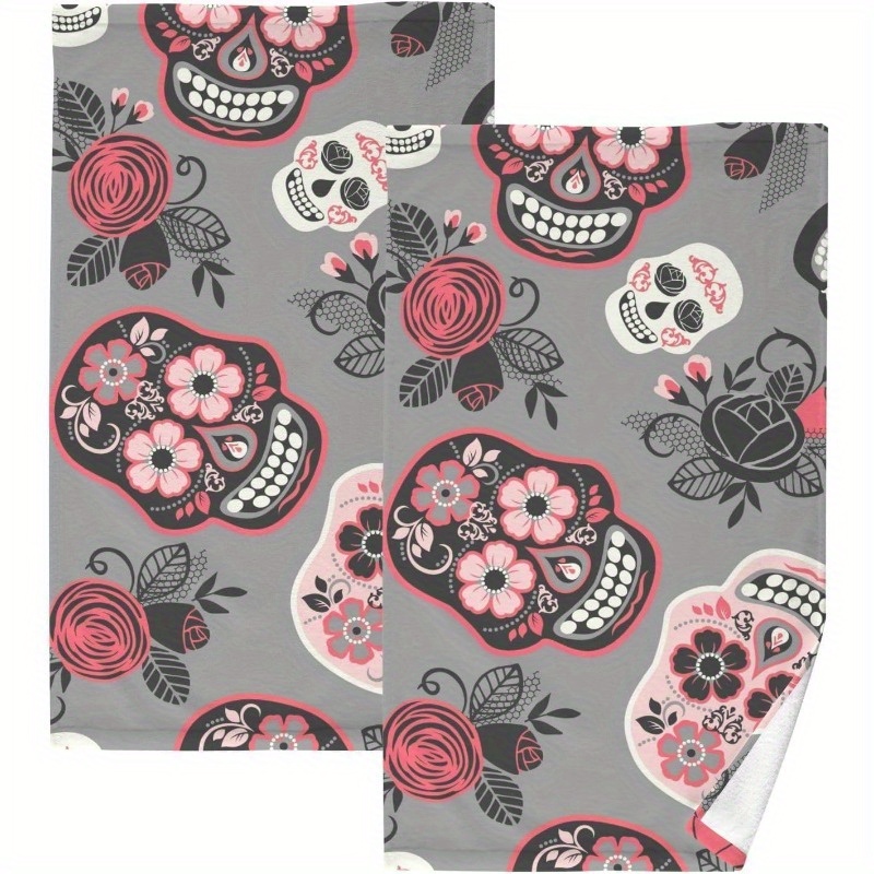 

2pcs Day Of The Dead Skeleton Hand Towels, 18x26 Inches, Super Soft And Absorbent Polyester Blend, Modern Floral Design For Bathroom, Spa, Yoga, Hotel