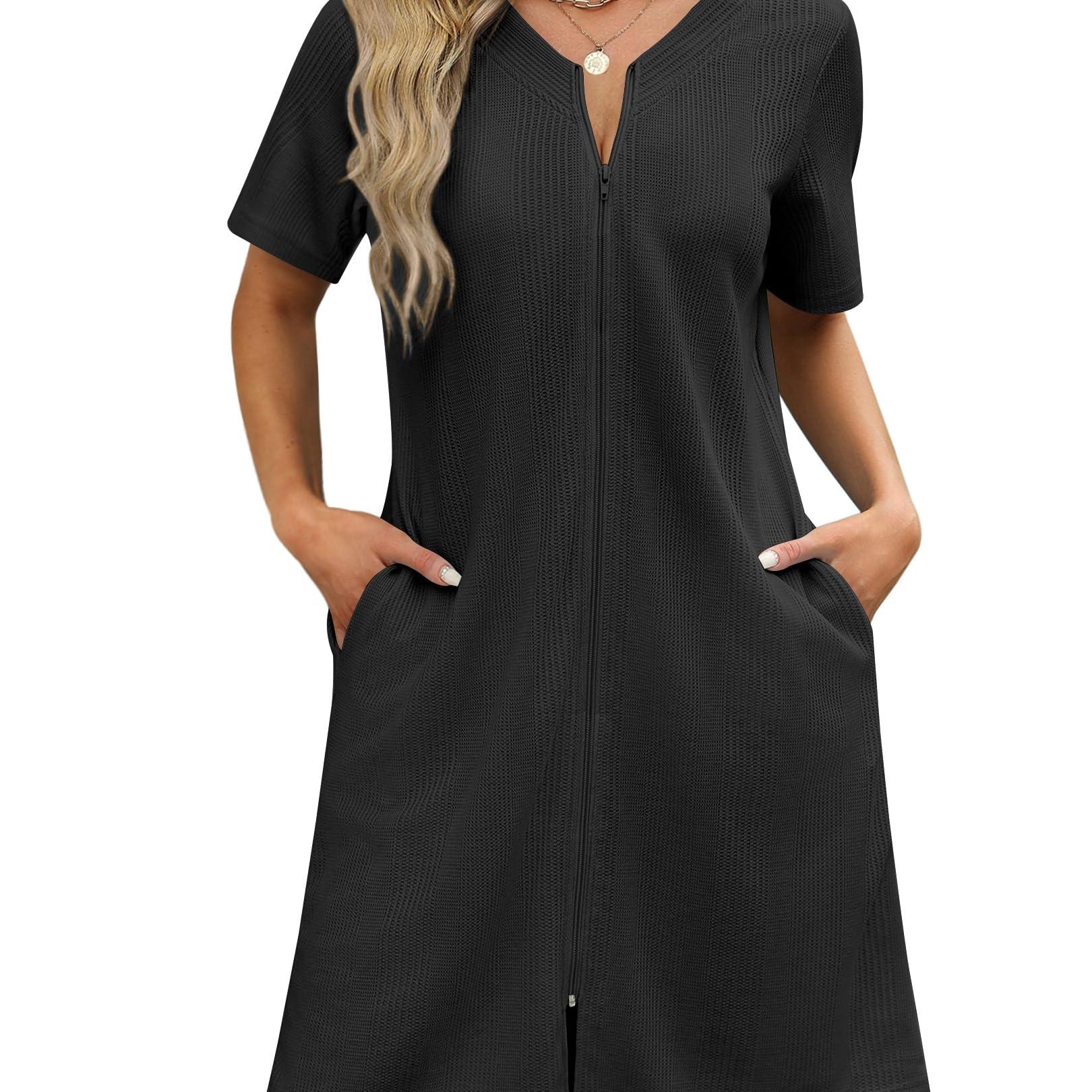 

Women Zipper Robes Waffle Short Bathrobesoft Nightgown S-2xl Plus Sizes Loungewear Pajamas V Neck Classic Dress Zip Front Loose Casual Robe For Women 2024 Soft And Lightweight House Coat With Pockets