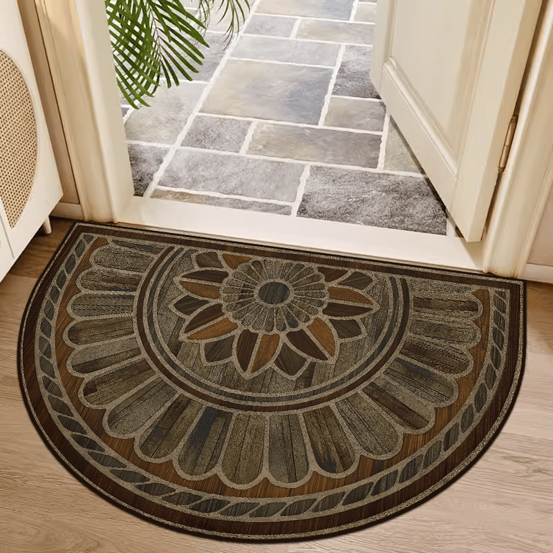 retro   wood grain semi circular door mat 50cm 19inch and 60cm 23inch sizes non slip thick and hand washable details 2