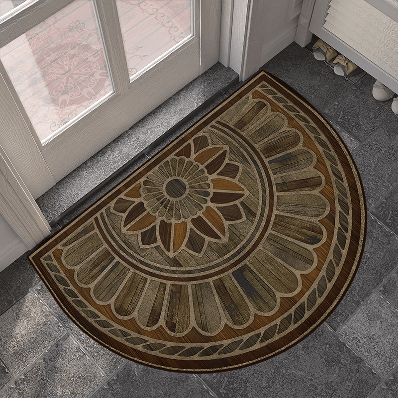 retro   wood grain semi circular door mat 50cm 19inch and 60cm 23inch sizes non slip thick and hand washable details 3