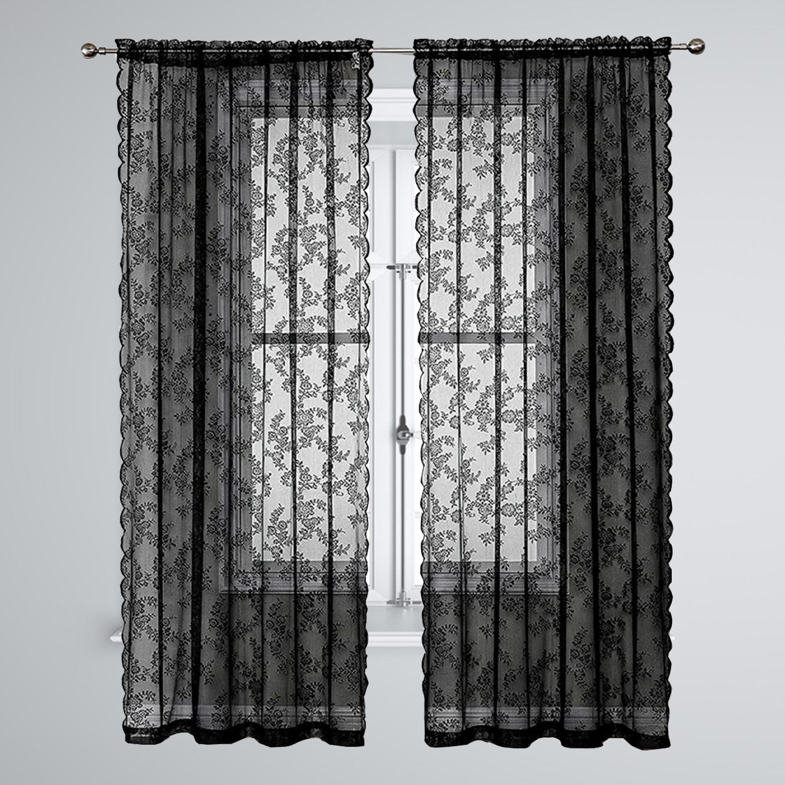 

1pc Lace Curtain Lace Curtain Breathable Sun Protection Super Soft Dustproof Washable Decorative Tear Resistant Floral Pattern Black Lace Transparent Curtain Home Products