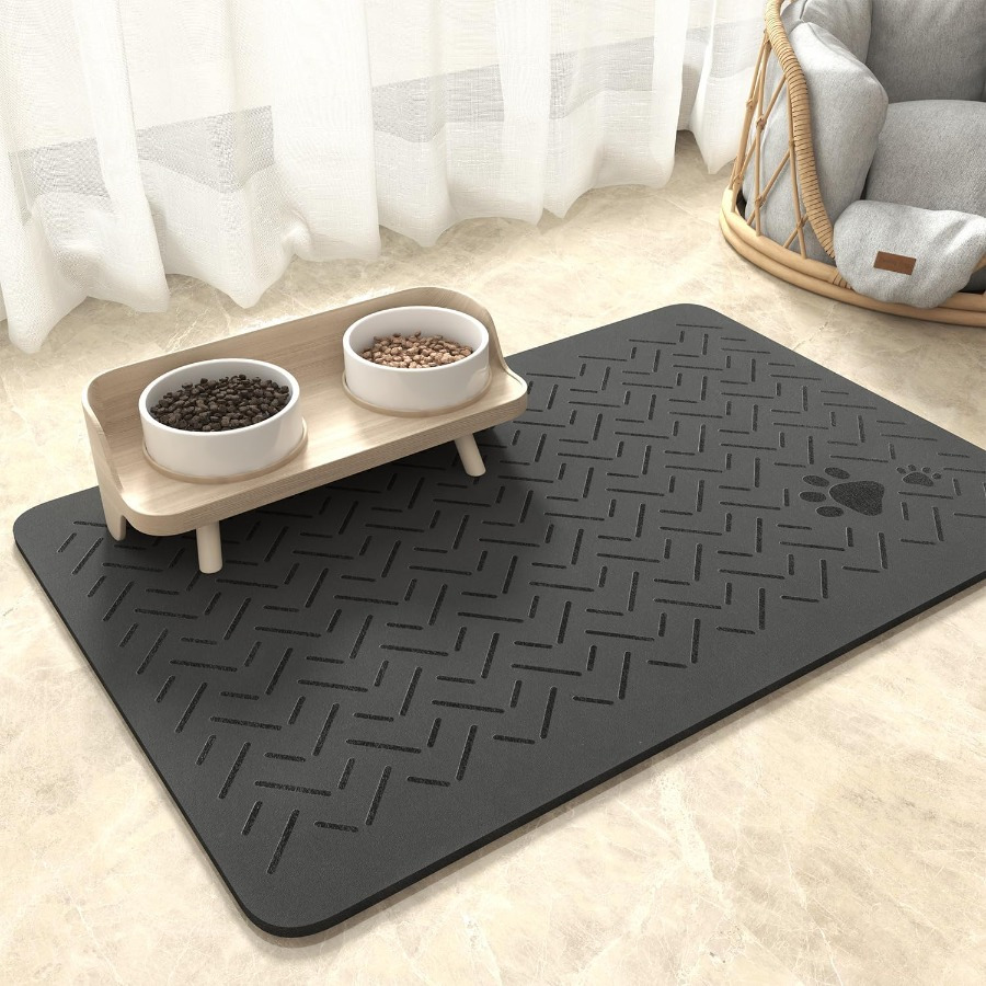 

1pc Quick-dry Absorbent Dog Feeding Mat With Raised - No Stains, Mess-free Pet Food & Water Bowl Placemat, Rubber Backing For , , Black