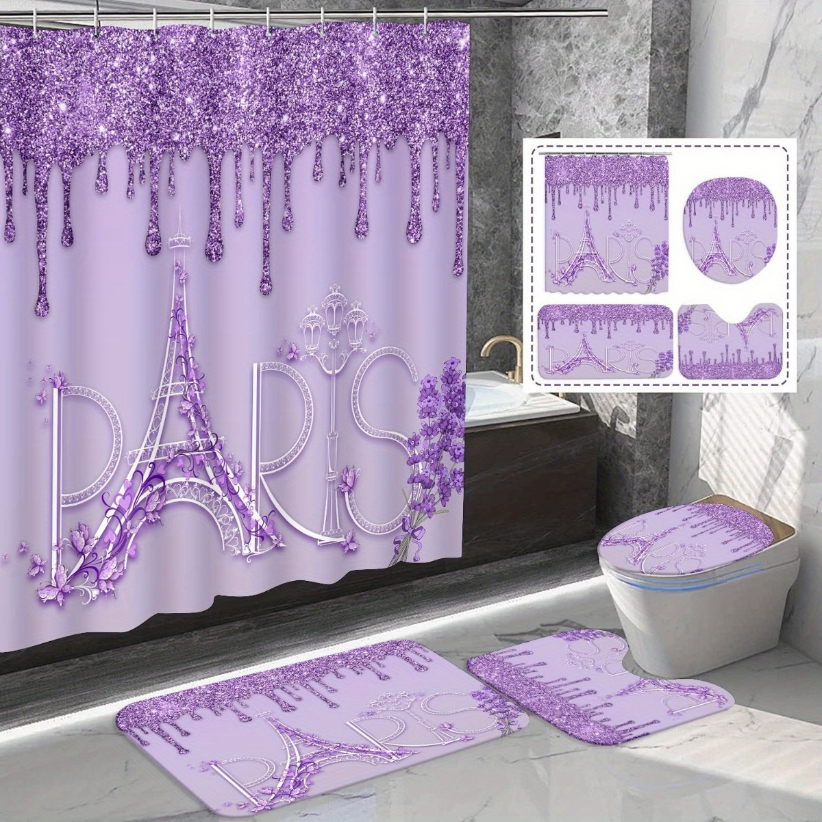 

1/4pcs Eiffel Tower Sparkling Bath Curtain Set, Purple Flower Shining Bath Curtain, Non-slip Rug, Toilet Seat And Bath Mat, Waterproof Bath Curtain With 12 Hooks, Home Bathtub Decoration